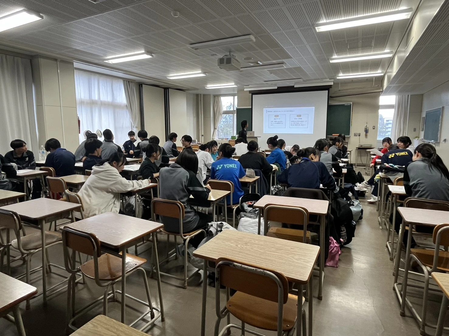 「大学でやりたいことリスト30」をグループで共有する北広島高校バドミントン部の生徒たち